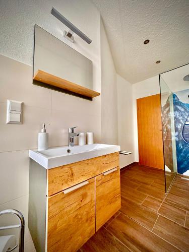 a bathroom with a sink and a shower at Fewo Klöppel Auersbergblick in Eibenstock