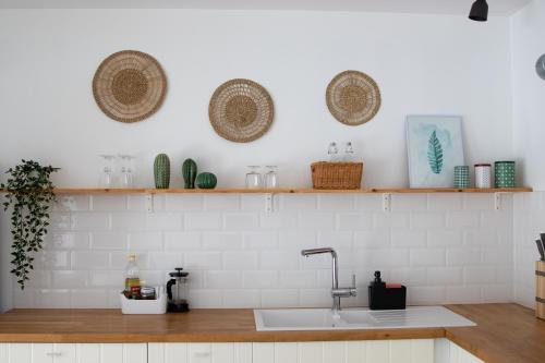 encimera de cocina con fregadero y estanterías en la pared en Modern and cosy apartment in Lahemaa national park en Kolga