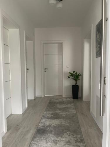 a hallway with white walls and a potted plant at Apartman Kis in Jajce