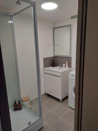 a bathroom with a sink and a toilet and a mirror at Logement tout confort 6 personnes 