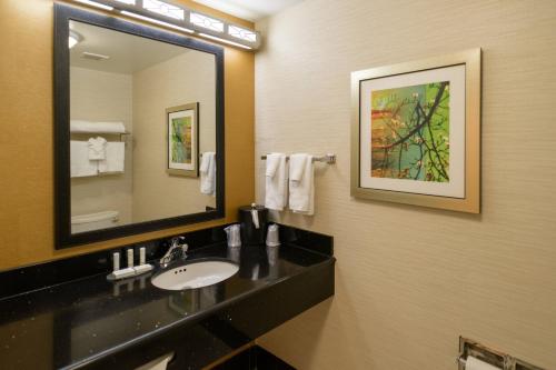 W łazience znajduje się umywalka i lustro. w obiekcie Fairfield Inn & Suites Kennett Square w mieście Kennett Square