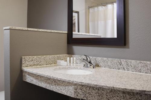 a bathroom with a sink and a mirror at Courtyard Marriott Houston Pearland in Pearland