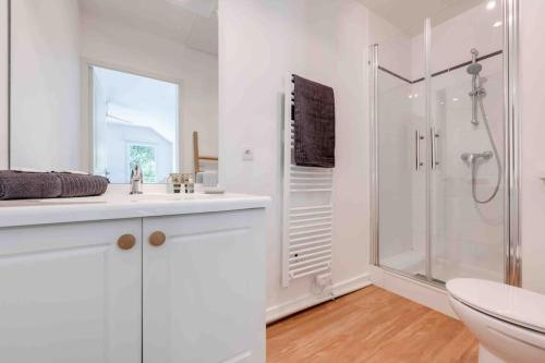 a white bathroom with a shower and a toilet at L’appart Lodge 106 in Sévrier