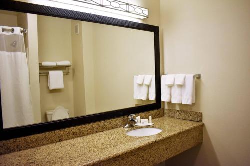 baño con lavabo y espejo grande en Fairfield Inn and Suites by Marriott Strasburg Shenandoah Valley en Strasburg