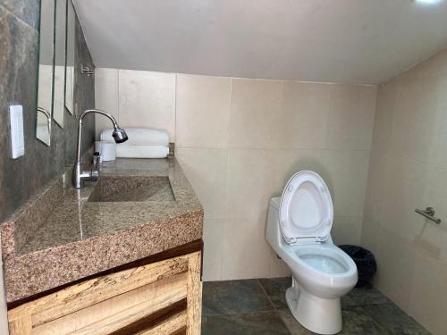 a bathroom with a toilet and a sink at Palmas de Chahue in Santa Cruz Huatulco