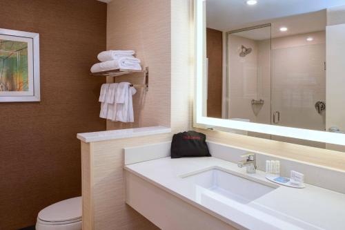 Fairfield Inn & Suites By Marriott Ann Arbor Ypsilanti في إبسيلانتي: حمام مع حوض ومرآة ومرحاض