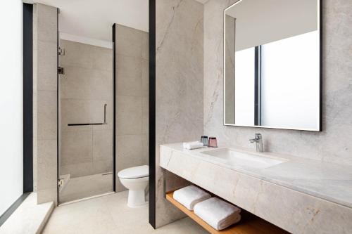 a bathroom with a sink and a toilet and a mirror at Four Points by Sheraton Shanghai Jiading in Shanghai