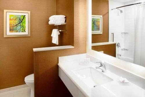 a bathroom with a sink and a toilet and a mirror at Fairfield by Marriott Inn & Suites Wheeling at The Highlands in Triadelphia