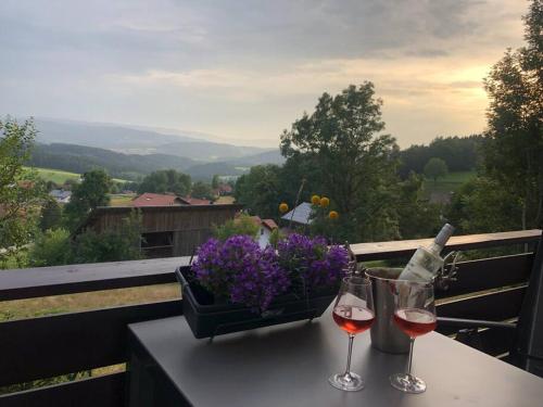 zwei Gläser Wein auf einem Tisch mit einem Blumenkorb in der Unterkunft Apartment Tälerblick Maxi -neu modernisiert- in Böbrach