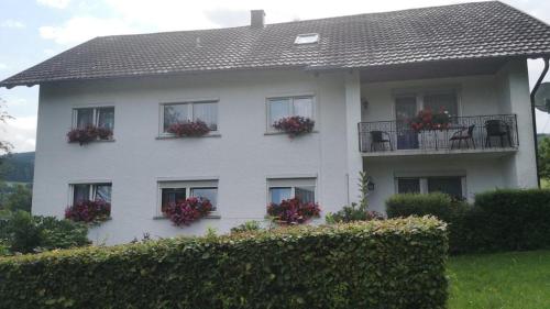 a white house with flower boxes on the windows at Idyllisch gelegene Ferienwohnung im Herzen des bayerischen Waldes in Zachenberg