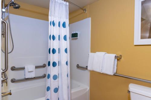 La salle de bains est pourvue d'un rideau de douche et de toilettes. dans l'établissement TownePlace Suites by Marriott East Lansing, à East Lansing