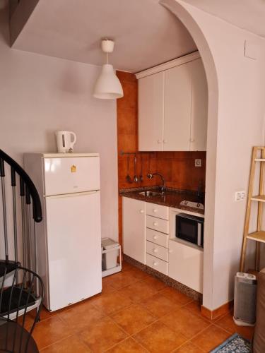 a kitchen with a white refrigerator and a sink at Casina del Puerto in Cudillero