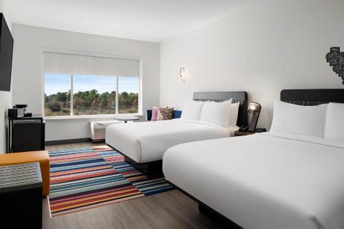 凱蒂的住宿－Aloft Katy Mills，酒店客房设有两张床和窗户。