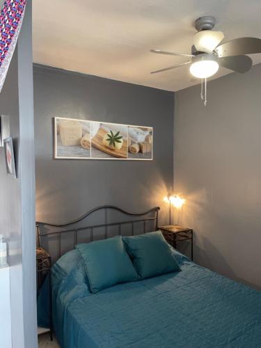 - une chambre avec un lit bleu et un ventilateur de plafond dans l'établissement Appartement proche des Thermes, à Balaruc-les-Bains