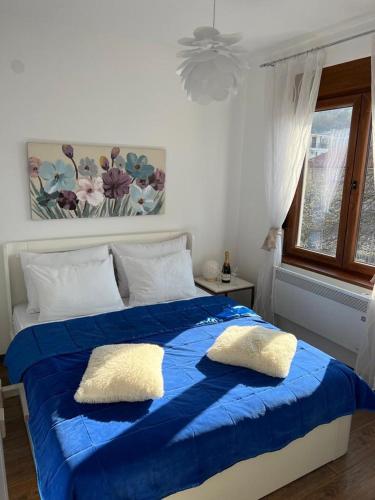 a bedroom with a blue bed with two pillows at Monako Luxury Apartment in Vrnjačka Banja