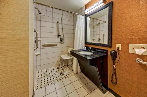 uma casa de banho com um lavatório, um chuveiro e um espelho. em Fairfield Inn & Suites by Marriott Oklahoma City NW Expressway/Warr Acres em Oklahoma City