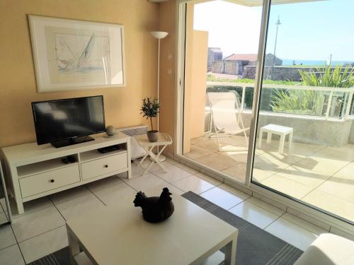 eine Katze auf einem Tisch in einem Wohnzimmer mit einem TV in der Unterkunft Ancora- Appartement vue mer et place de parking in Les Sables-dʼOlonne