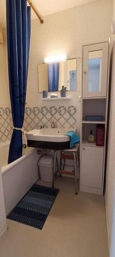 - une petite salle de bains pourvue d'un lavabo et d'un rideau bleu dans l'établissement Marinas 2 - Agreable studio face au port Olona, à Les Sables-dʼOlonne