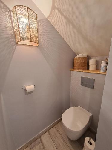 La salle de bains est pourvue de toilettes et d'une lumière. dans l'établissement Marion- Belle maison 8 personnes Les Sables d Olonne, à Les Sables-dʼOlonne