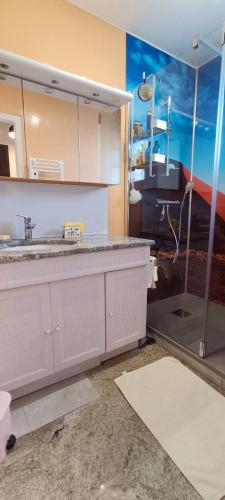 une cuisine avec un évier et une douche dans l'établissement Baleiniers - Maison 6 pers - prox mer - Les sables, à Les Sables-dʼOlonne