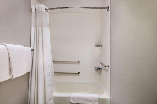 a bathroom with a bath tub and a shower curtain at Courtyard by Marriott Dallas Plano Parkway at Preston Road in Plano