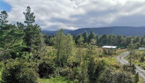 a field with trees and a house and a road at Cabañas Piukewen in Riñinahue
