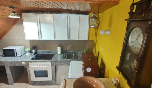 een kleine keuken met een wastafel en een aanrecht bij House by the River in Monforte de Lemos