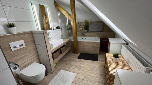 La salle de bains est pourvue de toilettes, d'un lavabo et d'une baignoire. dans l'établissement Villa Gallistl, à Český Krumlov