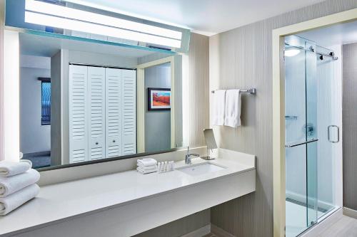 a bathroom with a sink and a mirror at Courtyard Portland Downtown / Convention Center in Portland