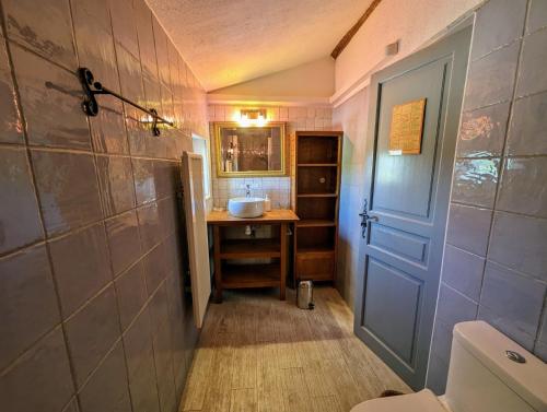 een badkamer met een wastafel en een blauwe deur bij Gîte Petit Luberon chez Manon en Luberon in Lagnes