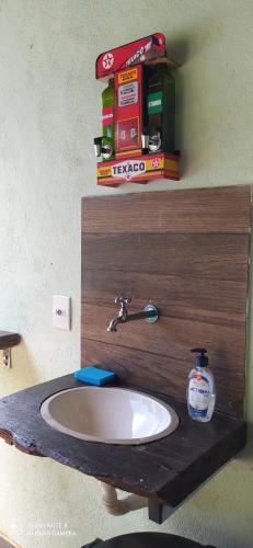 ein Badezimmer mit einem Waschbecken und Büchern auf einem Regal in der Unterkunft Sitio meu Sonho in Itatiayassú