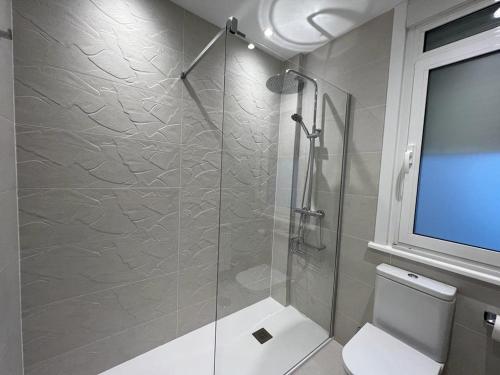 a bathroom with a shower and a toilet and a television at Céntrico y acogedor piso con garaje in A Coruña