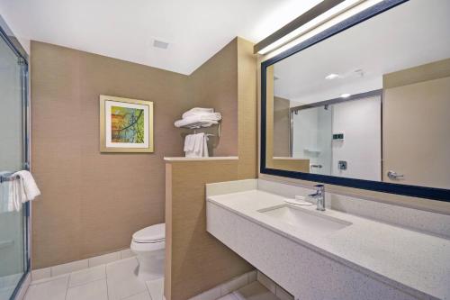 uma casa de banho com um lavatório, um WC e um espelho. em Fairfield Inn & Suites by Marriott Savannah SW/Richmond Hill em Richmond Hill