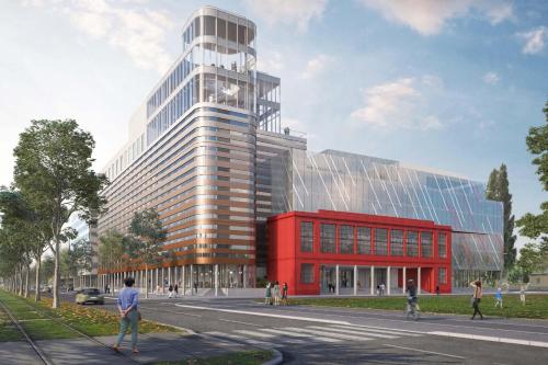 d'un bâtiment avec un bâtiment rouge dans l'établissement Residence Inn by Marriott Strasbourg, à Strasbourg