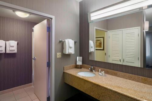 ein Badezimmer mit einem Waschbecken und einem großen Spiegel in der Unterkunft Courtyard by Marriott Scranton Montage Mountain in Moosic