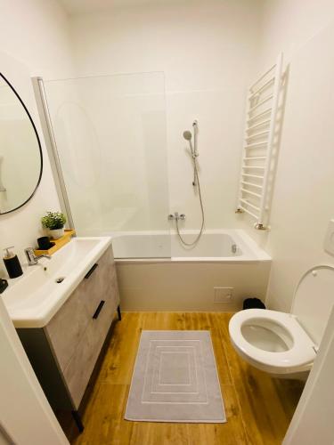 a white bathroom with a toilet and a sink at Apartment Traumblick Berggipfel in Vordernberg