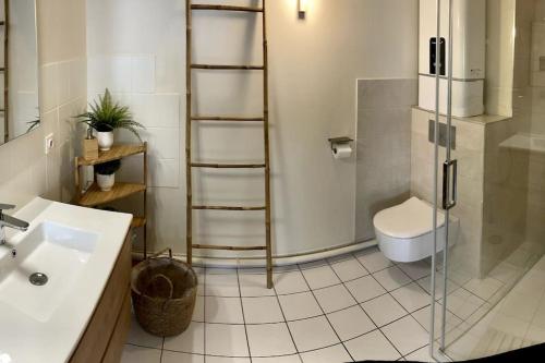 La salle de bains est pourvue d'une douche, de toilettes et d'un lavabo. dans l'établissement Charmant Appartement Vannes Centre 30m2, à Vannes