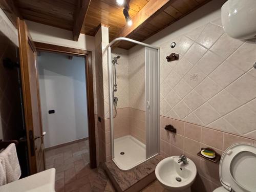 a bathroom with a shower and a toilet and a sink at Crock House in Funtana Meiga