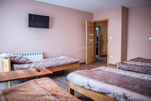 a room with two beds and a tv on the wall at Cichy Potok in Polańczyk