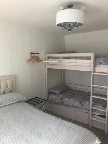 a bedroom with two bunk beds and a ceiling at Great Georges Duplex Apt In association with Great Georges house for larger group in Warrenpoint