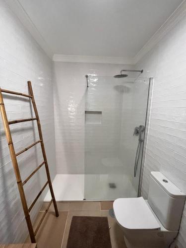a bathroom with a shower and a toilet and a ladder at Rias Apart II in Vila Real de Santo António