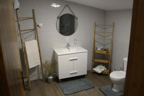 a bathroom with a sink and a toilet and a mirror at Casa da Vó Matilde 