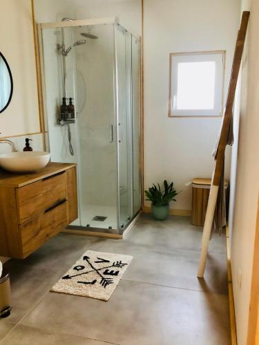a bathroom with a shower and a sink at cabaña CasaOtto in Los Caños de Meca