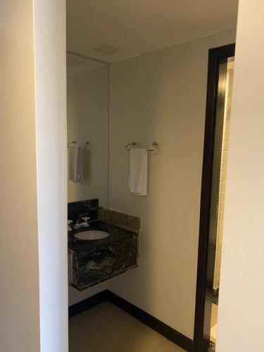a bathroom with a sink and a mirror at Flat Lake Side Linda Vista Lago c/banheira in Brasilia