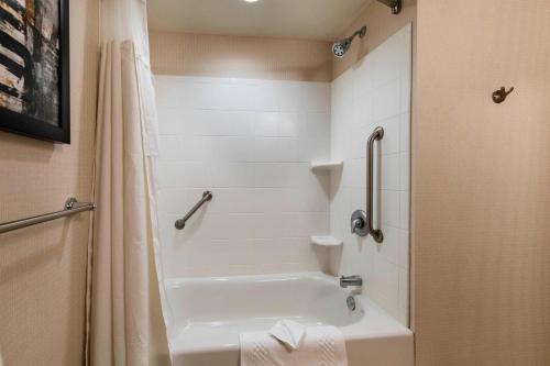 a bathroom with a bath tub with a shower curtain at Courtyard by Marriott Atlanta Buford Mall of Georgia in Buford