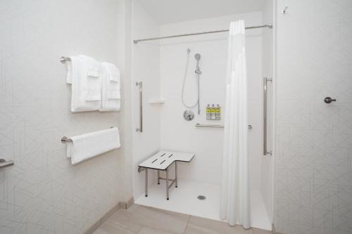 baño blanco con ducha y lavamanos en Holiday Inn Express Hotel & Suites Idaho Falls, an IHG Hotel en Idaho Falls