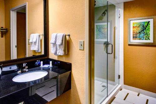 a bathroom with a sink and a shower at Fairfield Inn and Suites by Marriott Atlanta Suwanee in Suwanee