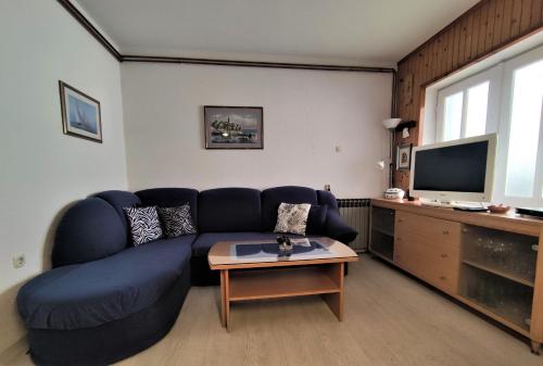 salon z niebieską kanapą i telewizorem w obiekcie Apartments with a parking space Makarska - 6784 w Makarskiej