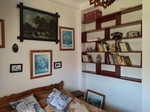 a bedroom with a bed and shelves of books at Apparemment in Oujda