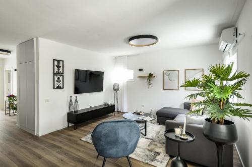 uma sala de estar com um sofá e uma televisão em Chic 2BR Apt w Garden in Ramat Hasharon by Sea N' Rent em Ramat Hash Sharon